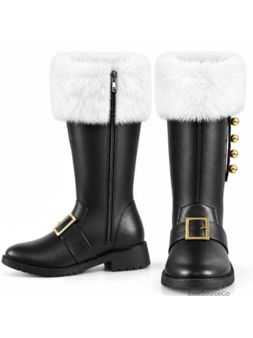 Faux Leather Santa Costume Boots with White Fur Cuffs and Jingle Bells